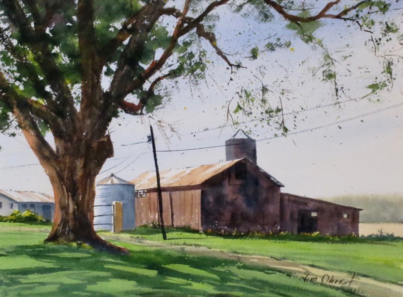 landscape, rural, ohio, licking, pataskala, farm, barn, oberst, watercolor, painting